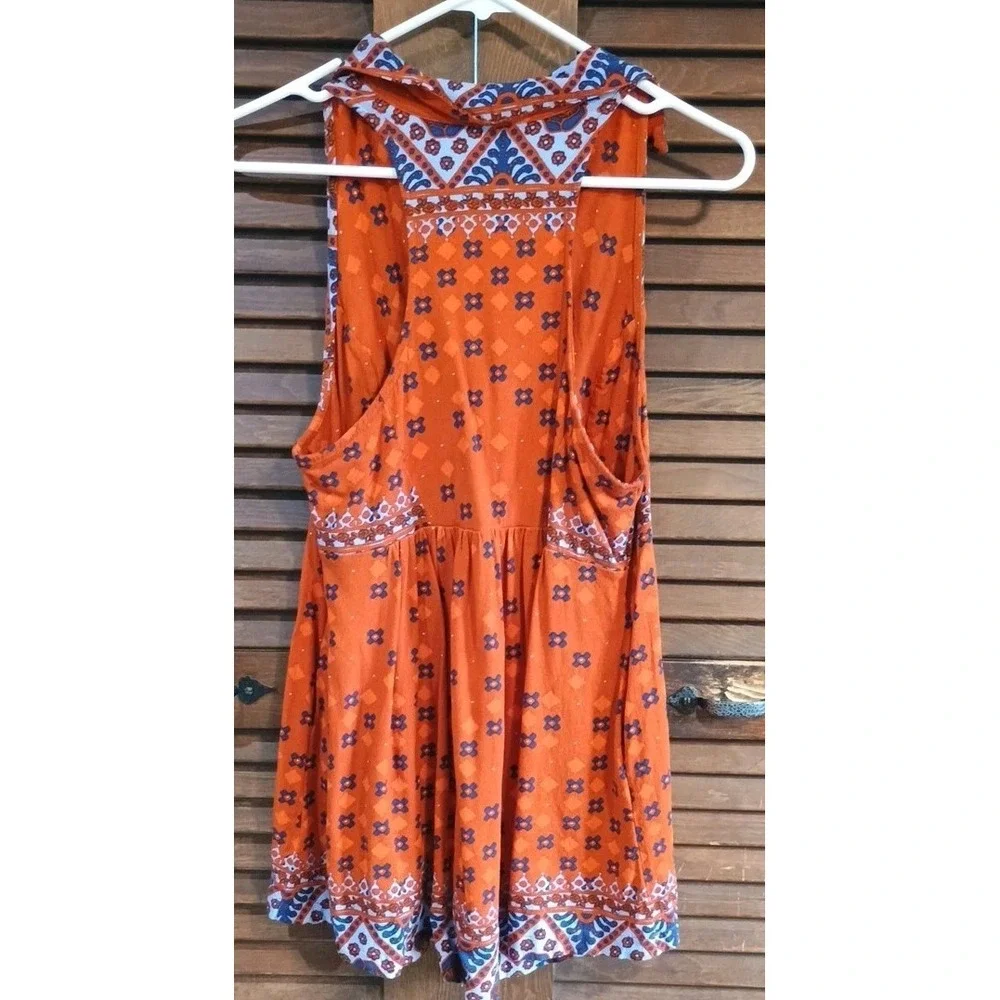 Free‎ People Orange Printed Sleeveless Charlotte Tunic Tank Top Pockets Size S
